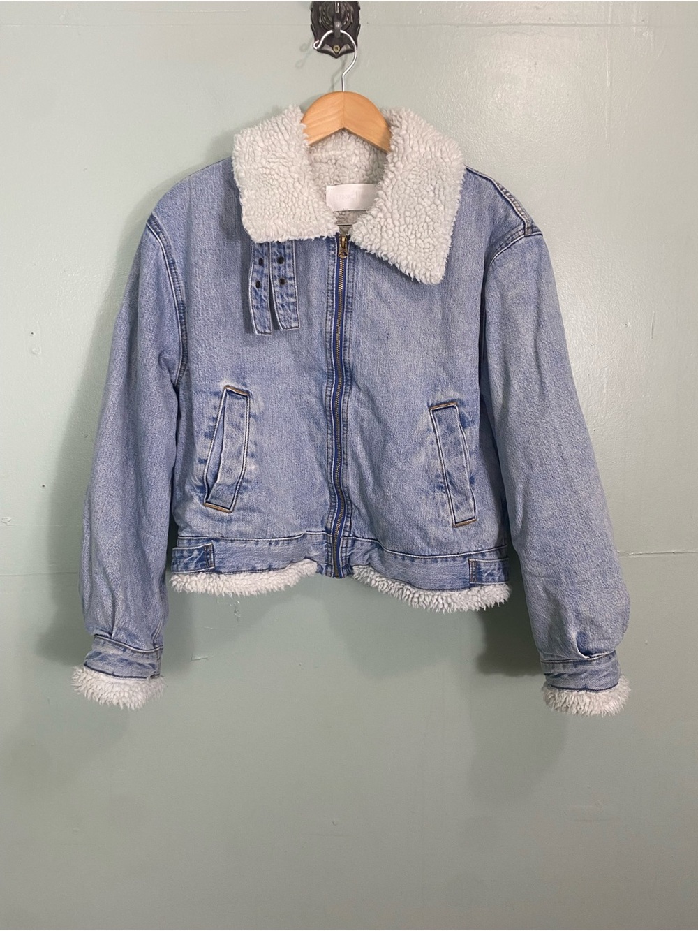 Re/Done Nuuly Denim Aviator Faux Sherpa Lined Jacket Blue Large